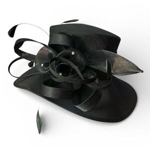 Giovannio Black Formal Church Hat Wide Brim Ribbon Floral Pearl Accent Bucket